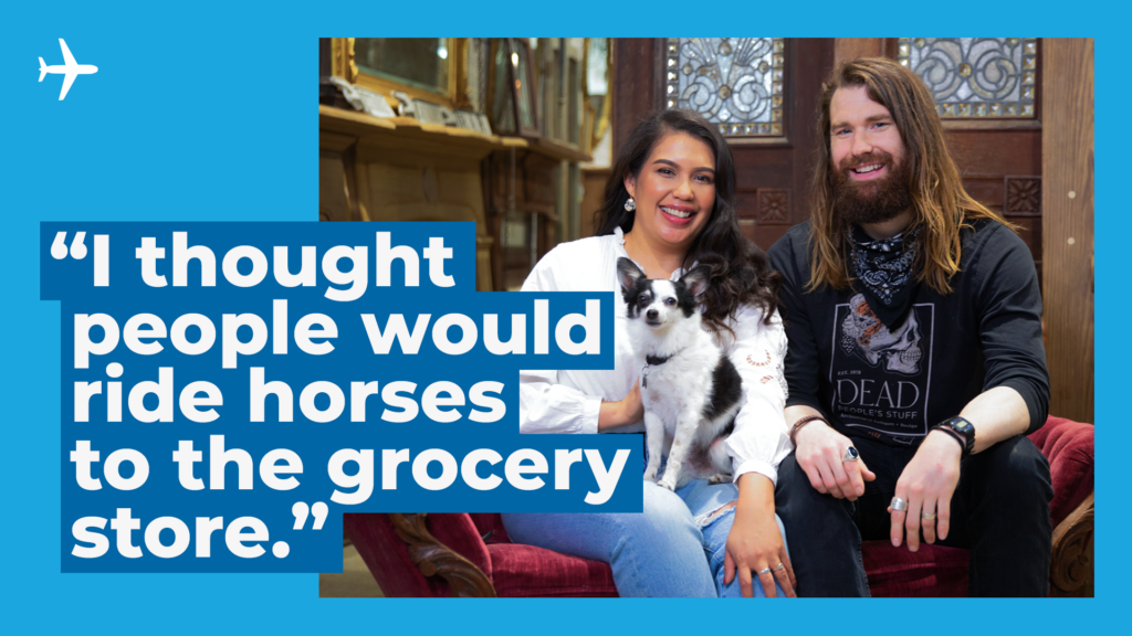 "I thought people would ride horses to the grocery store." Image with Curran and Marymar Fudge, owners of Dead People's Stuff.