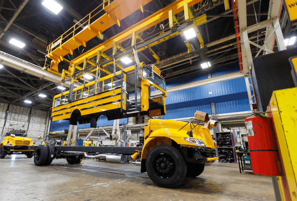 A school bus is assembled at IC Bus, a U.S. bus manufacturer with an assembly plant in Tulsa, Oklahoma.