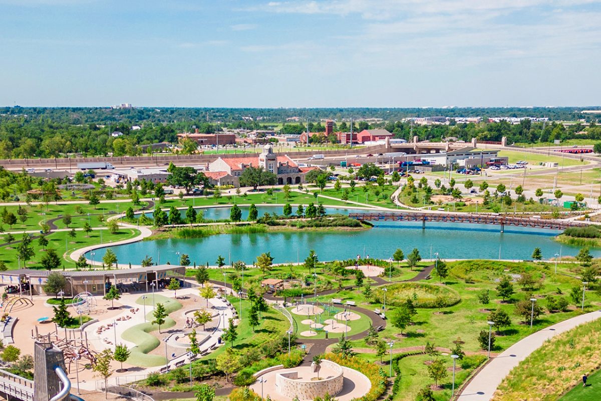 Aerial drone photo Scissortail Park Oklahoma City circa 2023