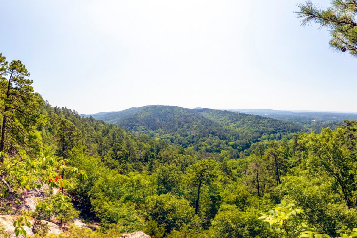 A beautiful panoramic morning view of the Ouachita Mountains of Arkansas is seen at the Goat Rock Viewpoint along a trail on North Mountain in Hot Springs National Park.